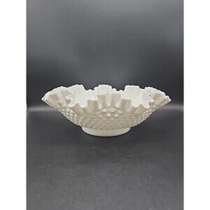 Fenton Serving Fruit Bowl Milk Glass White Hobnail Vintage Large Ruffled Edge